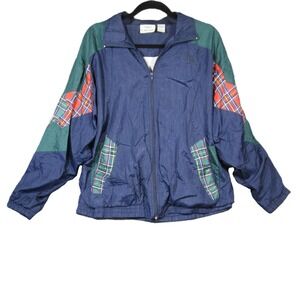 Vintage Nautical Windbreaker Jacket L Navy Green Plaid Colorblock 80s 90s Preppy